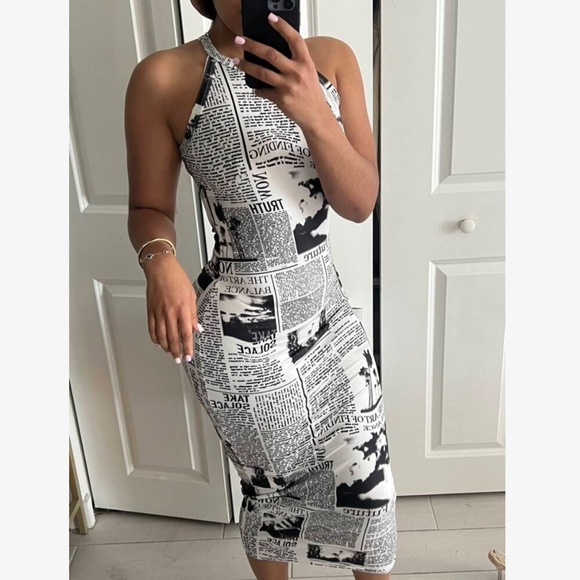 Newspaper Print Tank Dress Midi Fitted Sleeveless Stretchy - Picture 16 of 16